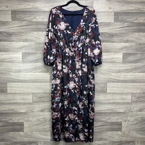 Studio 1886 Maxi Dress Women's XL (16) Blue White Floral Balloon Sleeve Back Zip